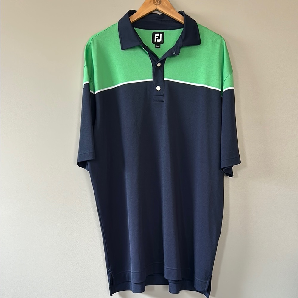 FootJoy Color Block Pique Self Collar Golf Polo Shirt Size XL Navy Blue Green